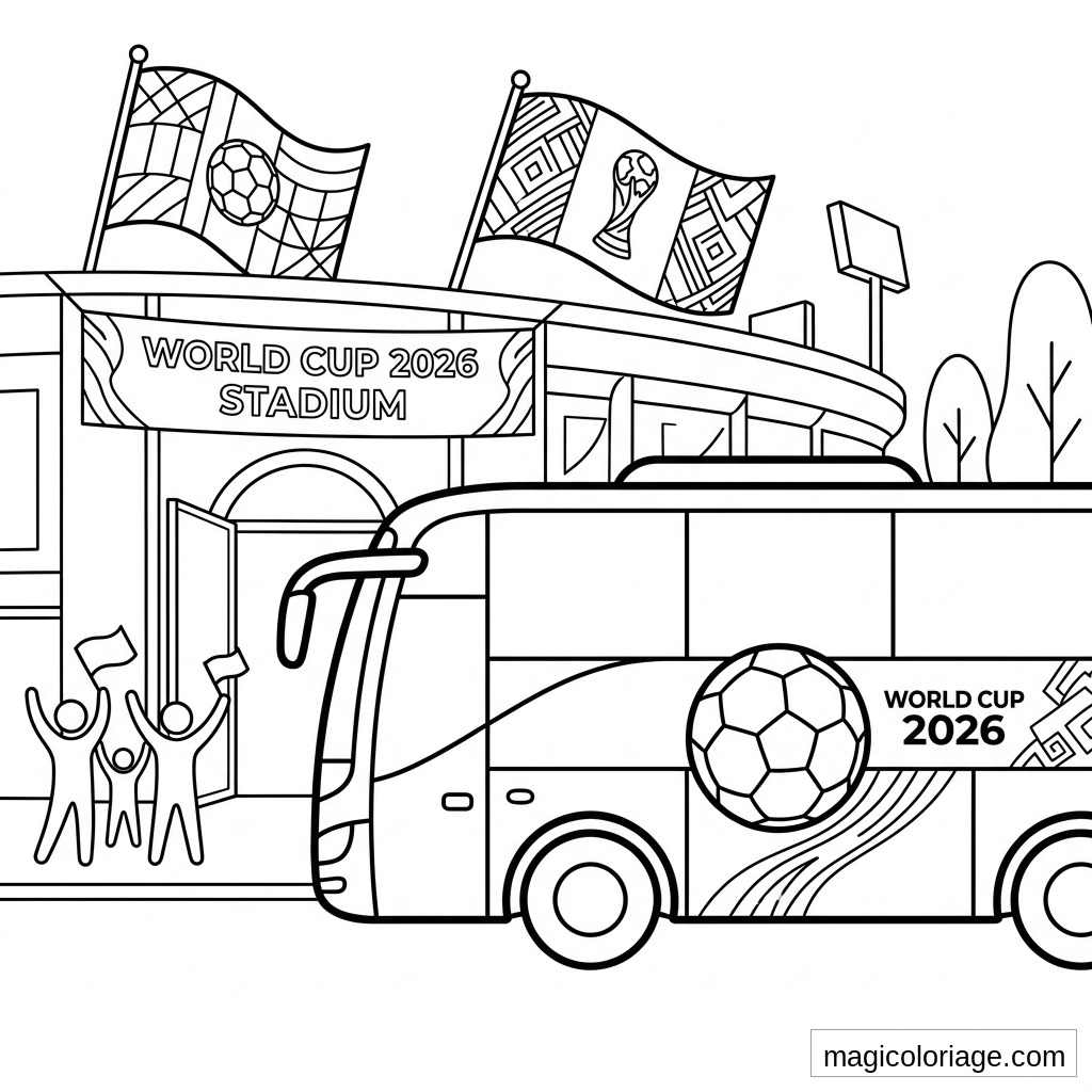 Coloriage Coupe du monde 2026 avec bus de supporters, stade, drapeaux et ballon de football