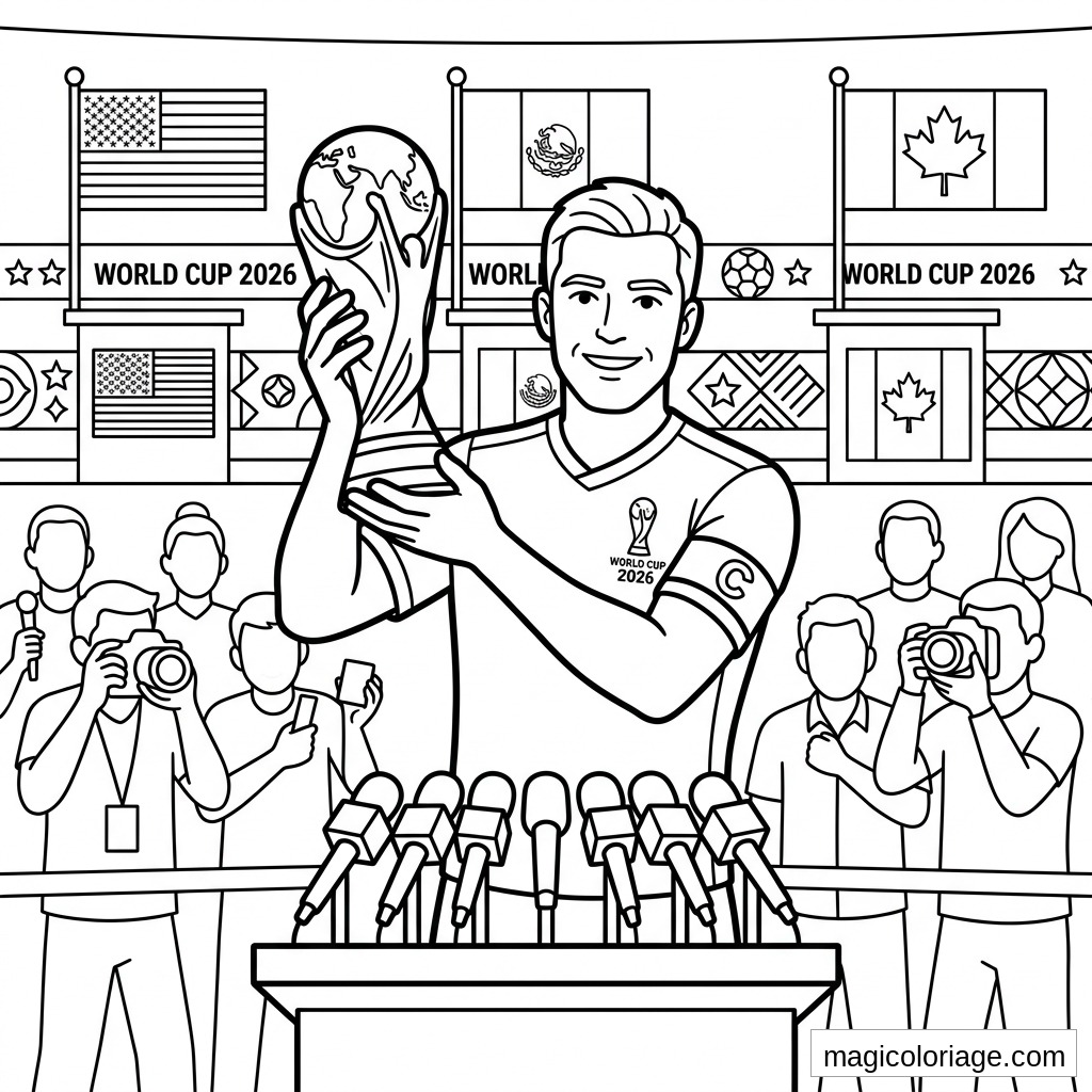 Coloriage Coupe du monde 2026 avec capitaine, trophée, journalistes et drapeaux USA Mexique Canada