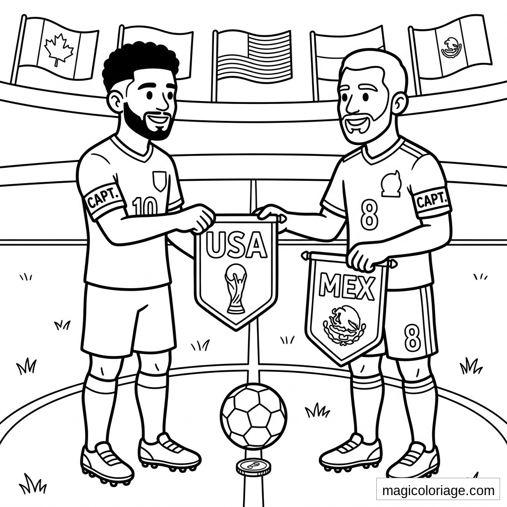 Coloriage Coupe du monde 2026 avec capitaines USA et Mexique, ballon et drapeaux des pays hôtes