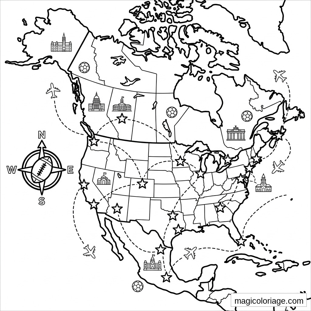 Coloriage Coupe du monde 2026 avec carte d’Amérique du Nord, villes hôtes, ballons, avions et boussole