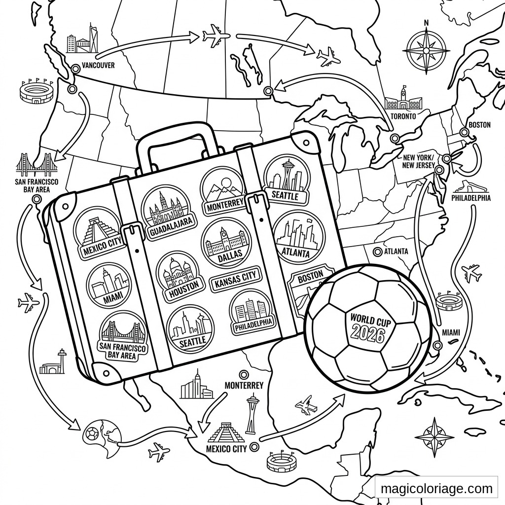 Coloriage Coupe du monde 2026 avec carte d’Amérique du Nord, valise, villes hôtes, avions et ballon