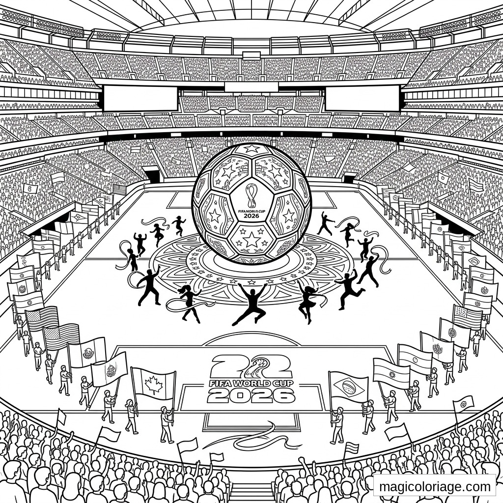 Coloriage Coupe du monde 2026 avec ballon géant, danseurs, drapeaux et stade rempli de supporters