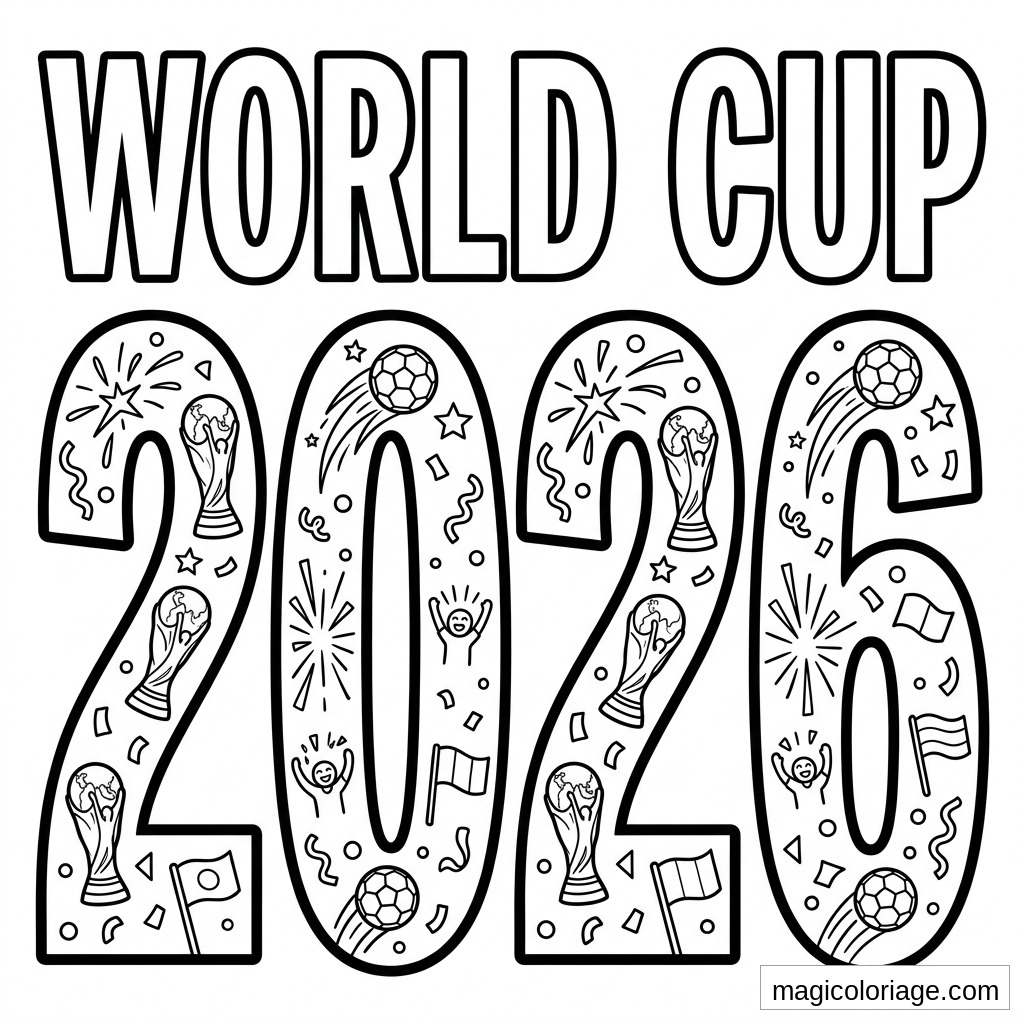 Coloriage Coupe du monde 2026 avec texte World Cup, grands chiffres, ballons, trophées et confettis