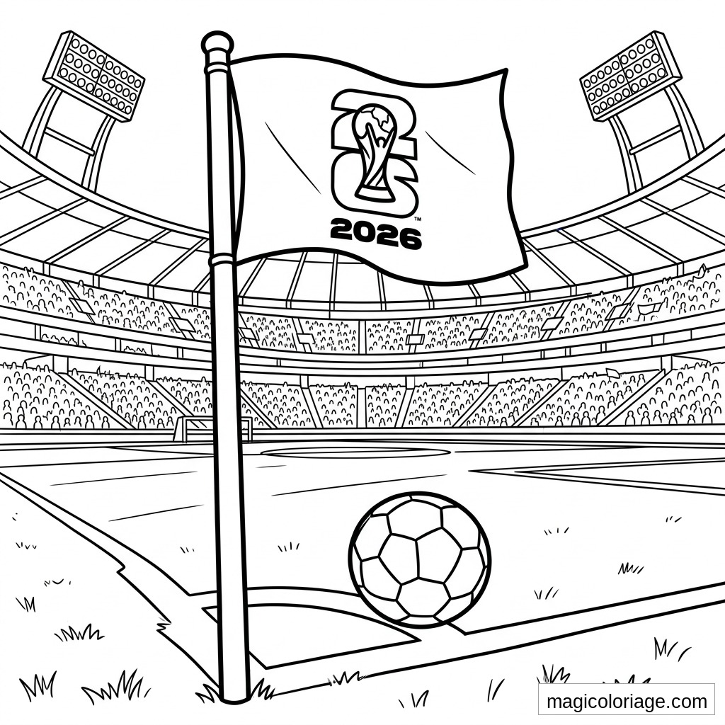 Coloriage Coupe du monde 2026 avec drapeau de corner, ballon et stade rempli de supporters