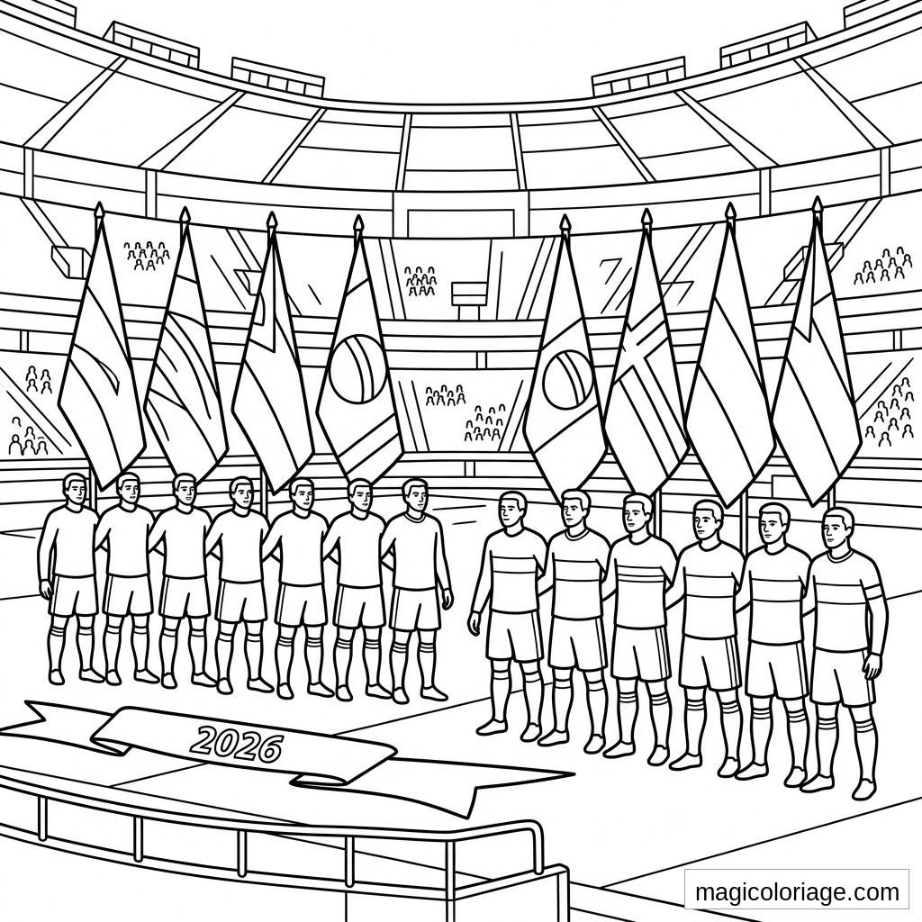 Coloriage Coupe du monde 2026 avec deux équipes, drapeaux et stade rempli de supporters