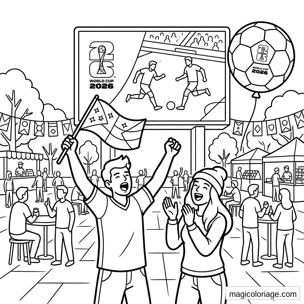 Coloriage Coupe du monde 2026 avec supporters, écran géant, drapeau et ballon en fan zone