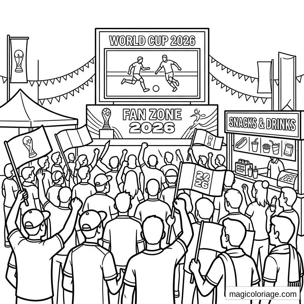 Coloriage Coupe du monde 2026 avec fan zone, écran géant, supporters, drapeaux et stand de snacks