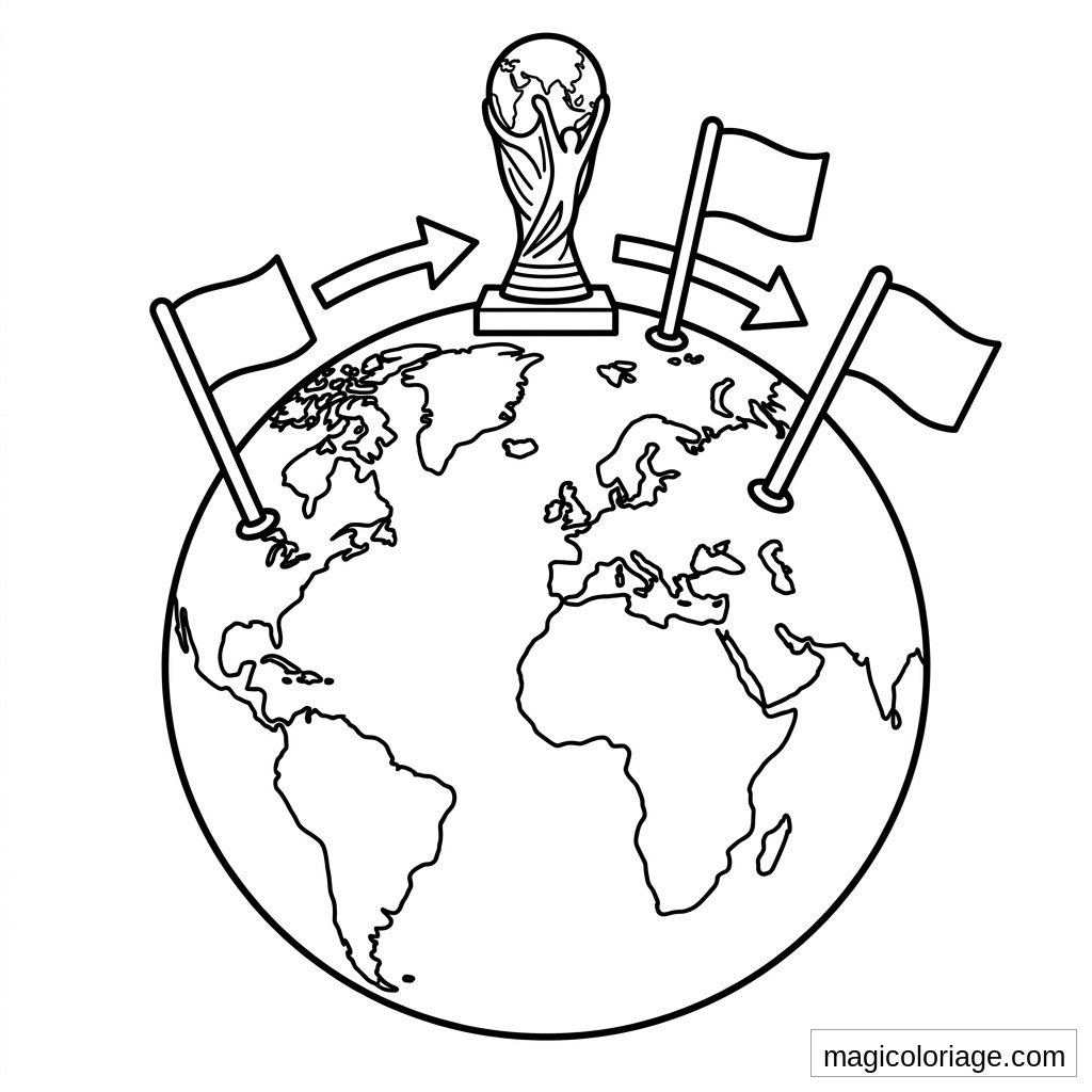 Coloriage Coupe du monde 2026 avec globe terrestre, trophée, drapeaux et flèches