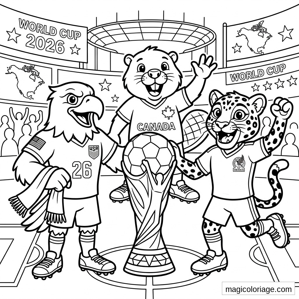 Coloriage Coupe du monde 2026 avec mascottes USA Canada Mexique, trophée et ballon dans un stade