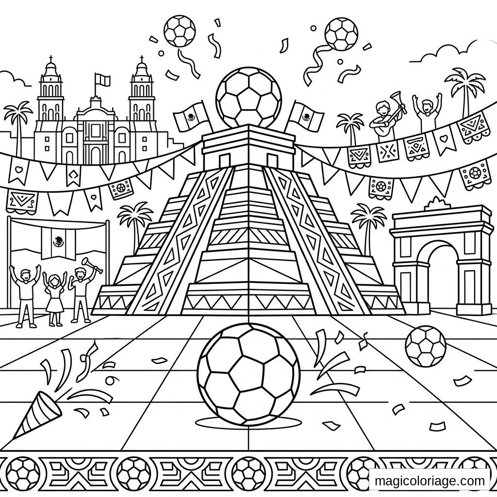 Coloriage Coupe du monde 2026 au Mexique avec pyramide, ballons, drapeaux mexicains et supporters