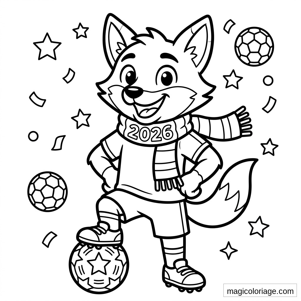 Coloriage Coupe du monde 2026 avec renard footballeur, ballon, écharpe 2026, étoiles et confettis