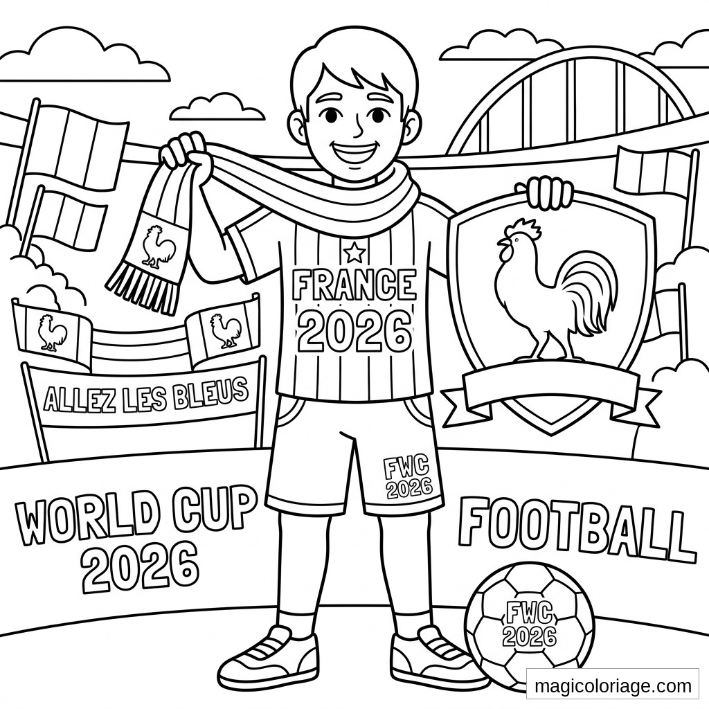 Coloriage Coupe du monde 2026 avec supporter France, écharpe, drapeaux, coq et ballon de football