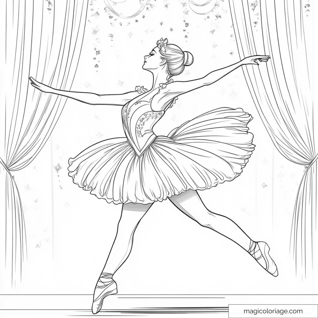 Coloriage d'une ballerine en tutu dansant sur scène