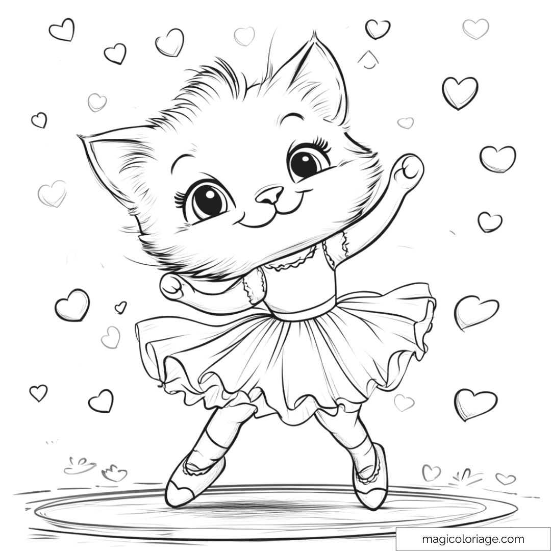 Chaton mignon en tutu entouré de cœurs à colorier.