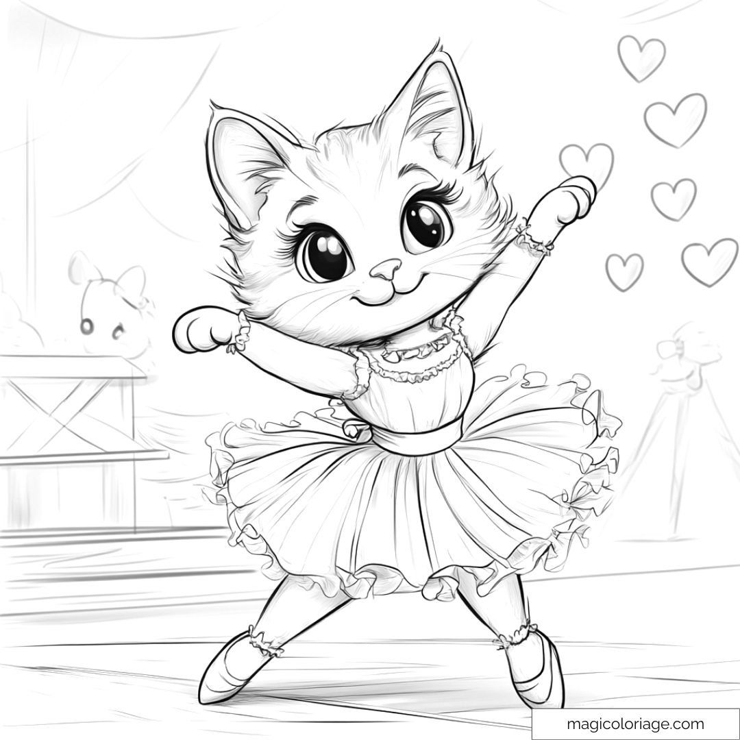 Chaton danseur en tutu entouré de cœurs