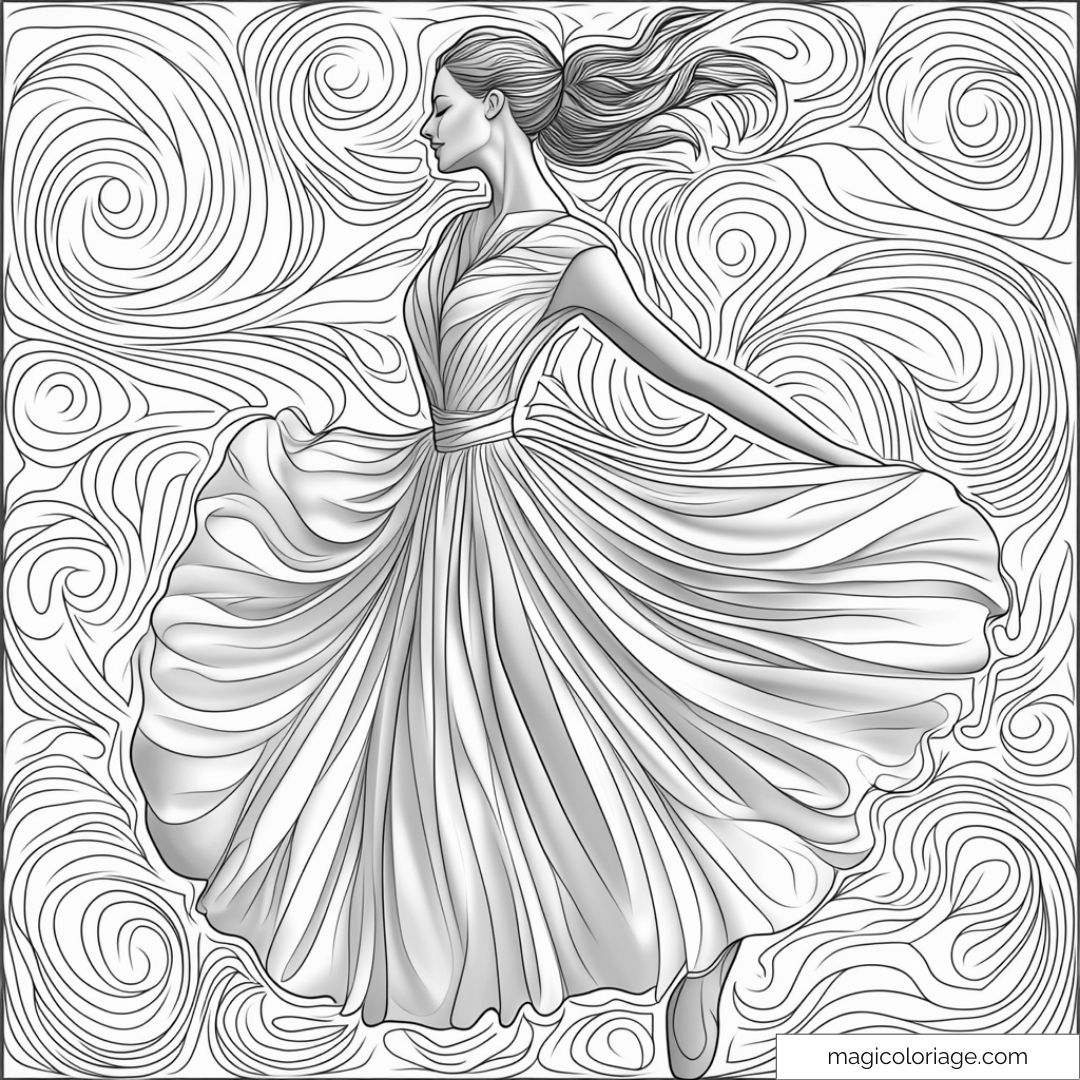 Coloriage danseuse élégante avec robe ondulante et motifs tourbillonnants.