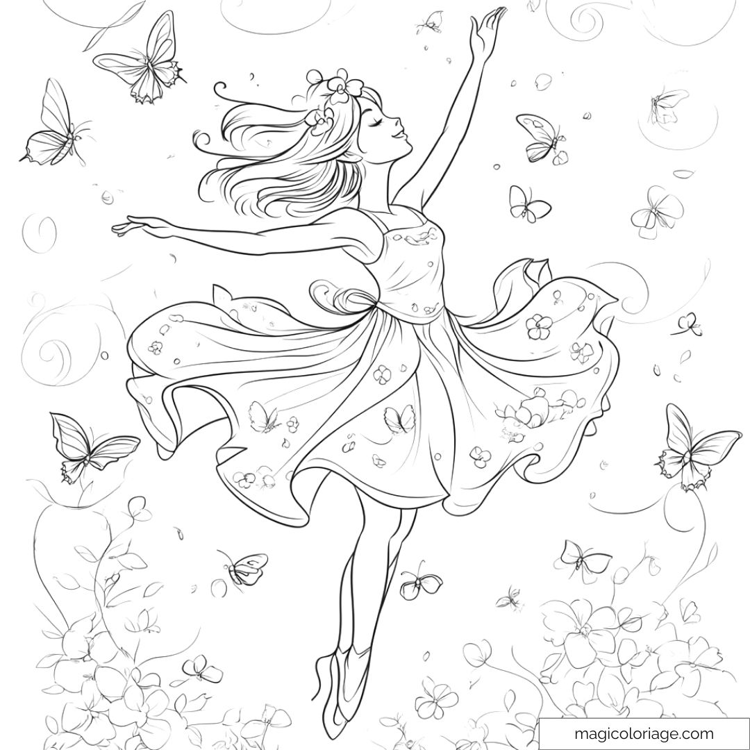Dessin de danseuse gracieuse entourée de papillons