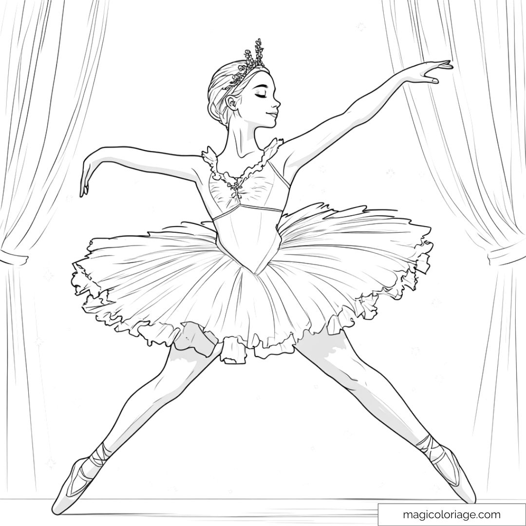 Coloriage d'une danseuse étoile exécutant un saut gracieux sur scène.