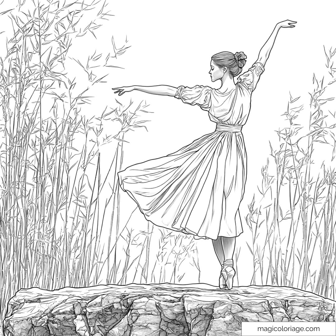 Image de danseuse classique debout sur la pointe dans une clairière de bambous