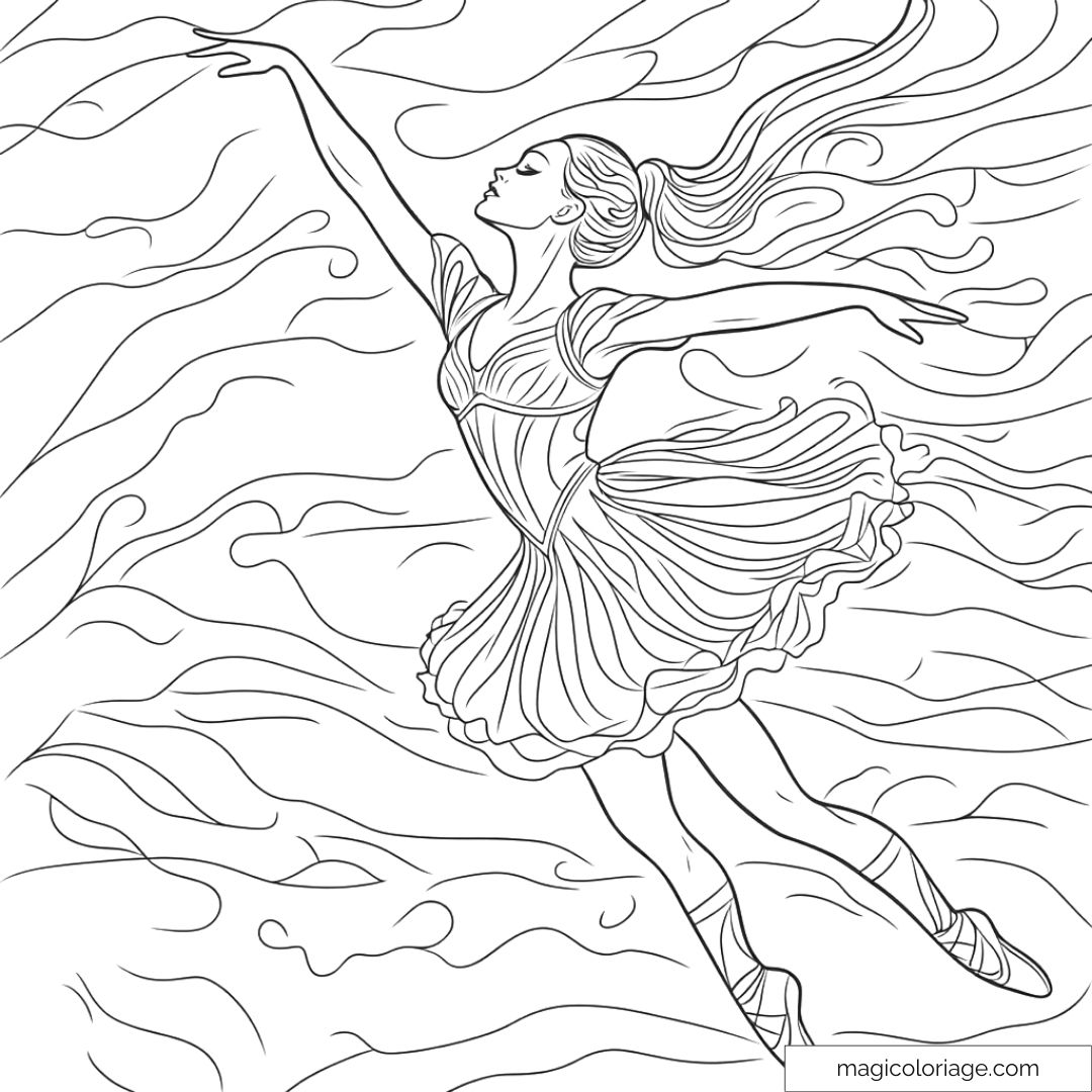 Coloriage d'une danseuse gracieuse flottant dans les airs.