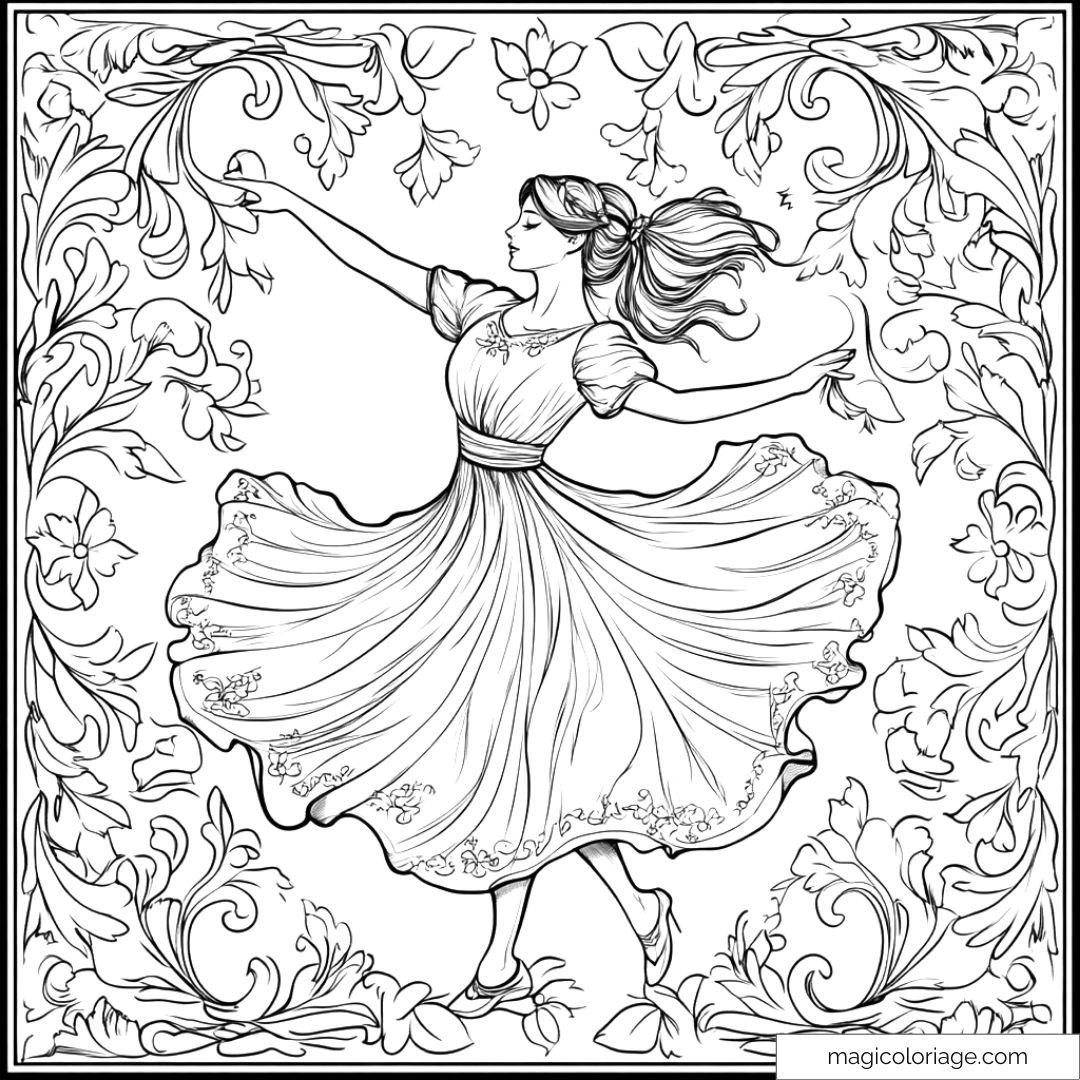 Dessin à colorier d'une danseuse élégante au milieu de motifs floraux.