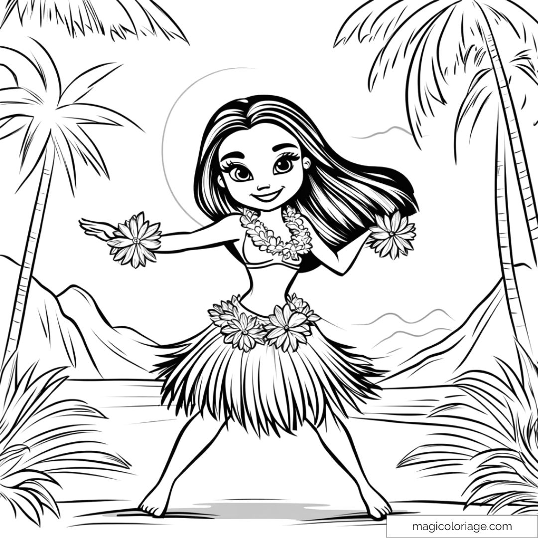 Danseuse hawaïenne avec jupe de feuilles et paysage tropical.