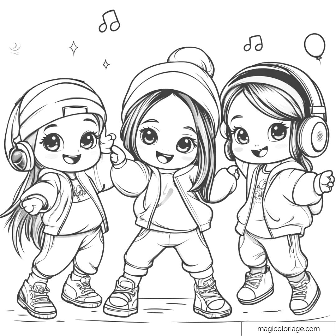 Dessin de trois enfants dansant avec casques audio et sourires.