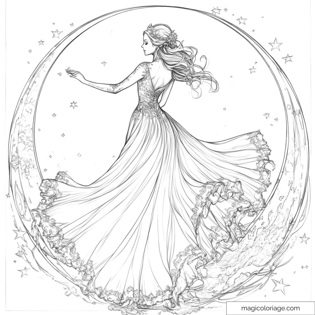 Fée gracieuse dans une robe scintillante entourée d'étoiles.
