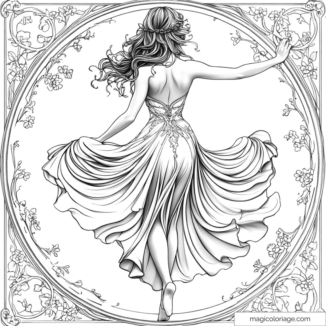 Danseuse gracieuse en robe longue avec motifs floraux à colorier.
