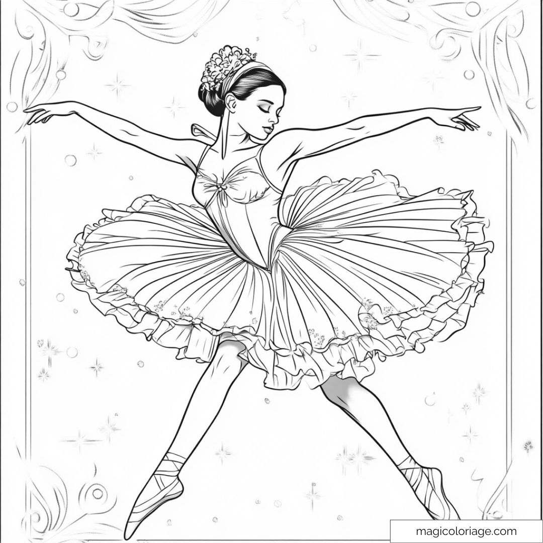Coloriage de danseuse étoile en tutu avec bras ouverts pour enfants.
