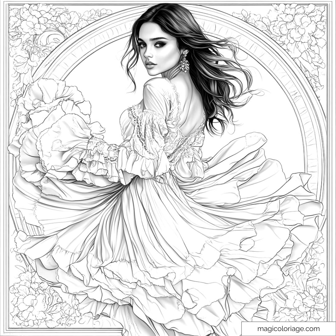 Coloriage de danseuse élégante avec détails floraux.