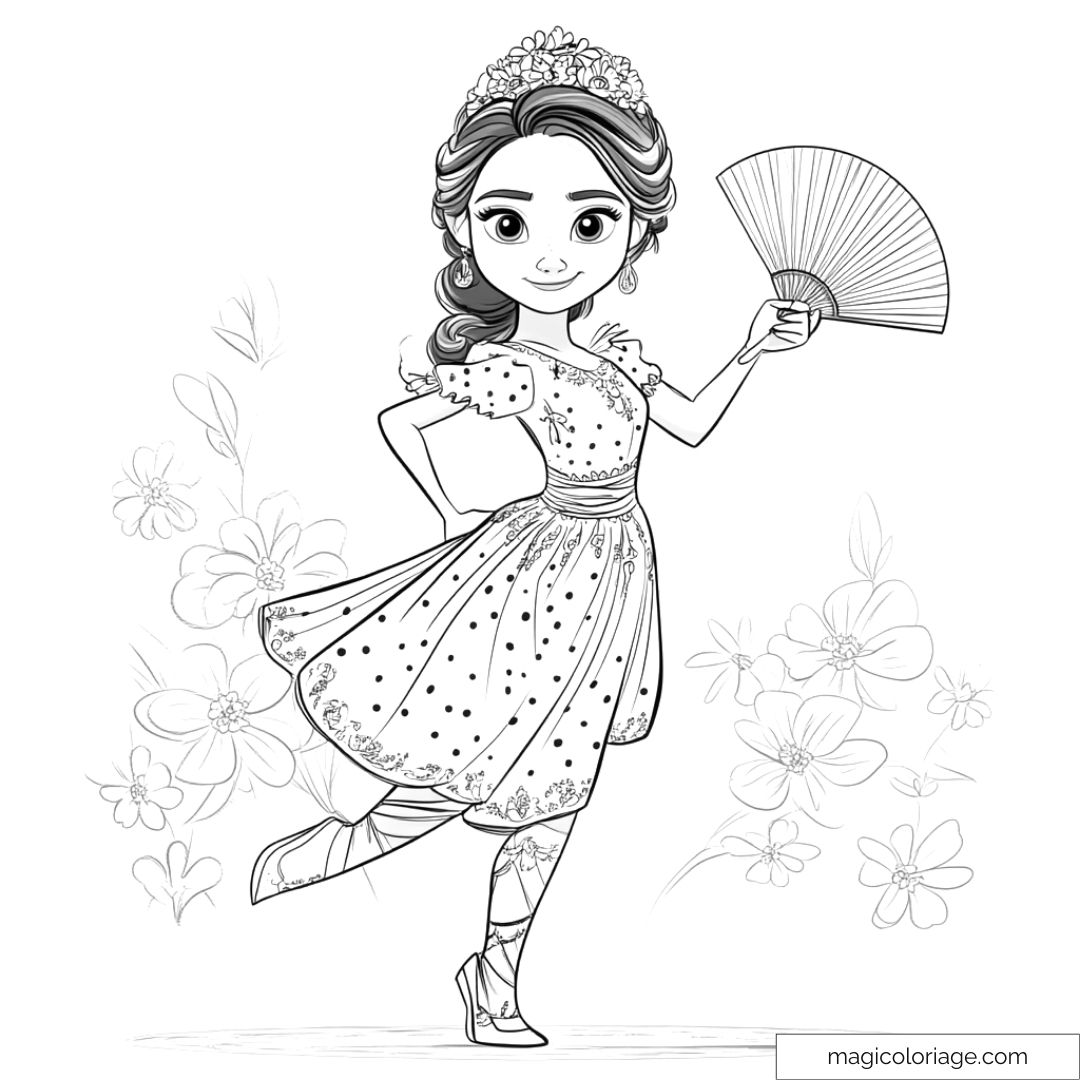 Dessin à colorier de princesse en robe à motifs floraux avec éventail.