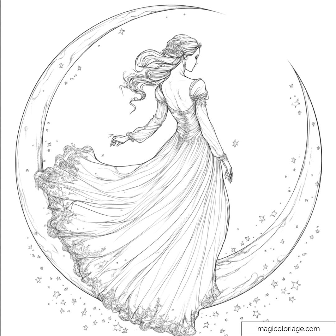Princesse élégante sur une lune avec étoiles magiques.