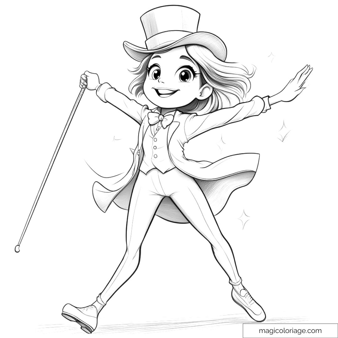 Dessin à colorier d'un enfant dansant avec un chapeau haut-de-forme et une canne.