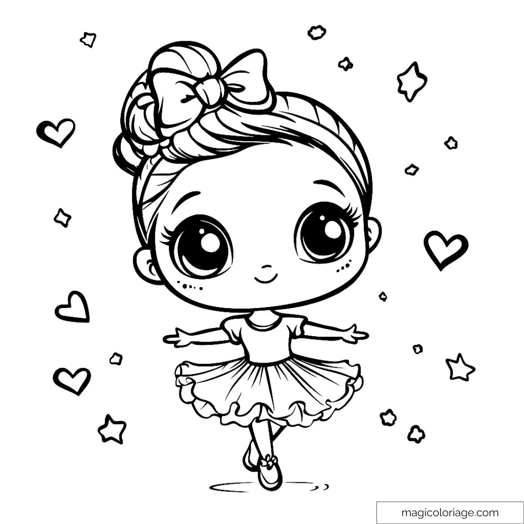 Image de coloriage d'une petite danseuse étoile avec des étoiles et des cœurs.