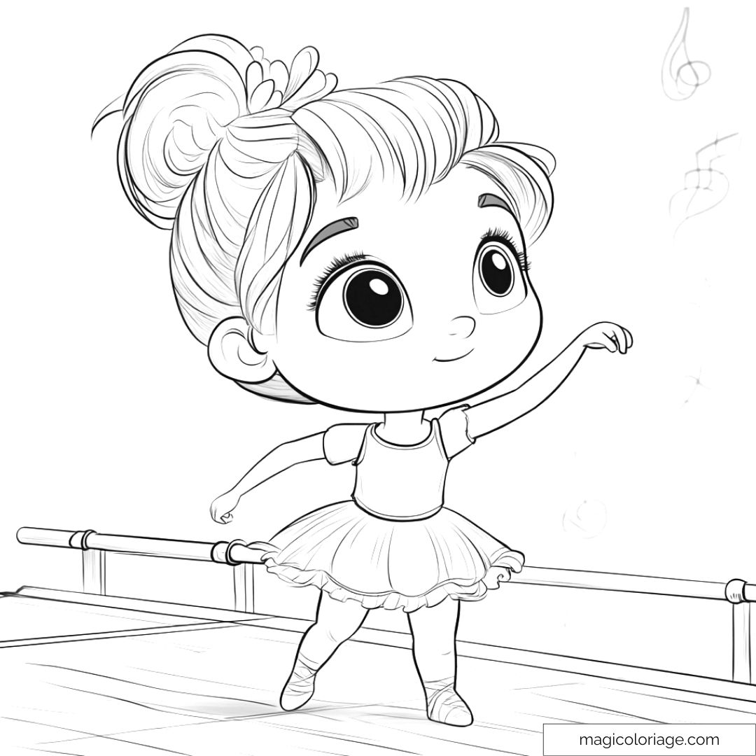 Colorie une petite danseuse en tutu avec bras levé et musique en fond.
