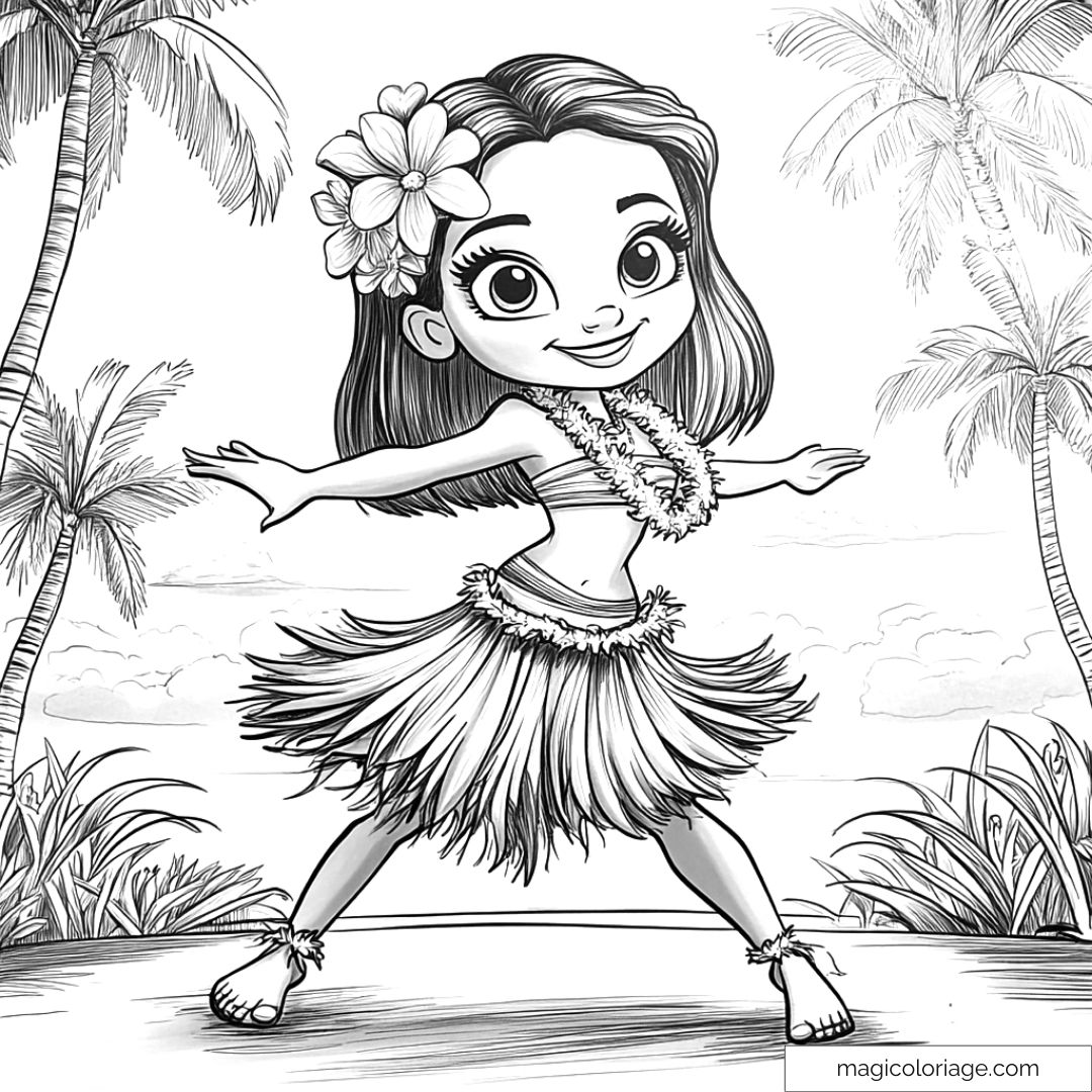 Dessin d'une danseuse hawaïenne avec jupe en feuilles et fleurs