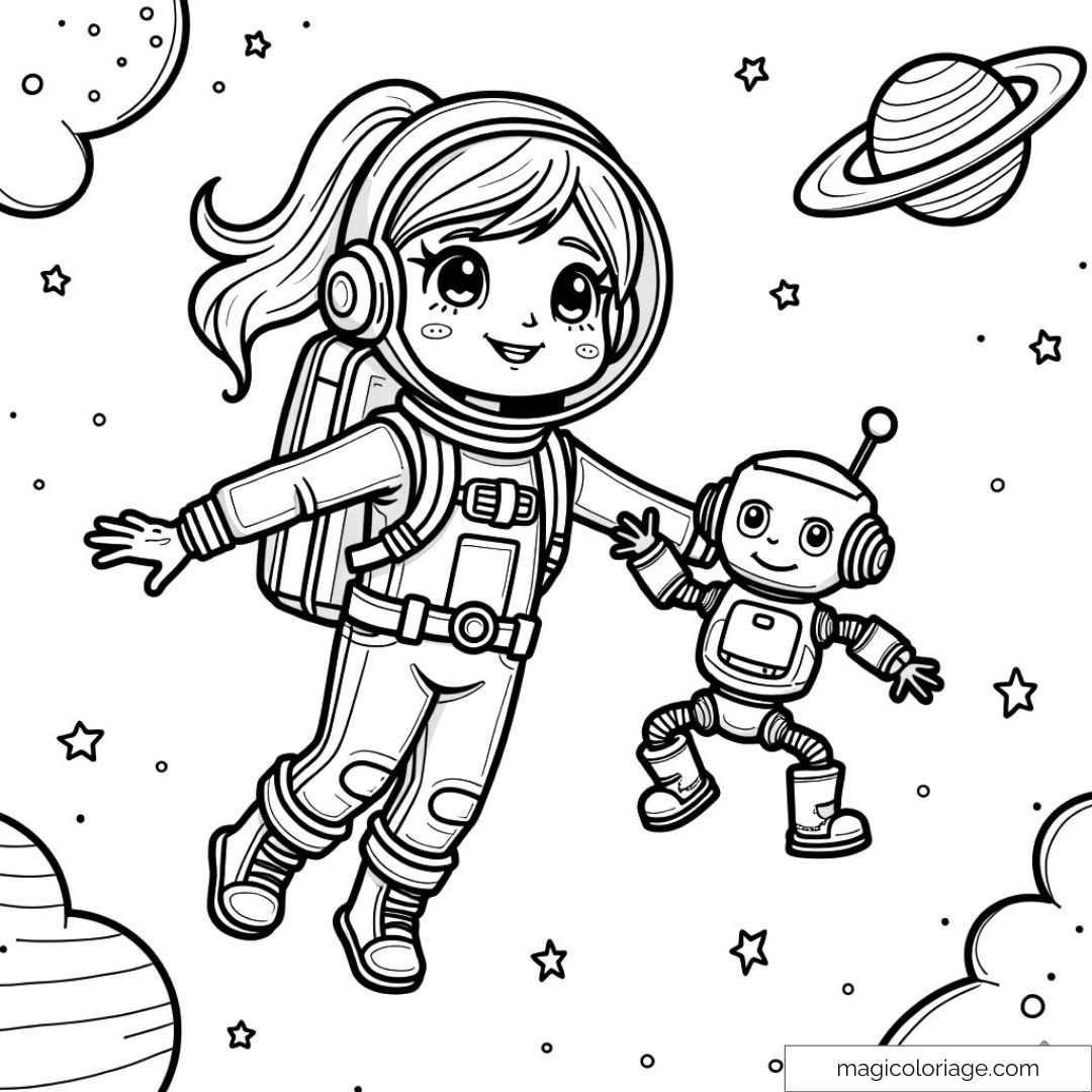 Coloriage astronaute et robot flotte dans l'espace avec étoiles et planètes.