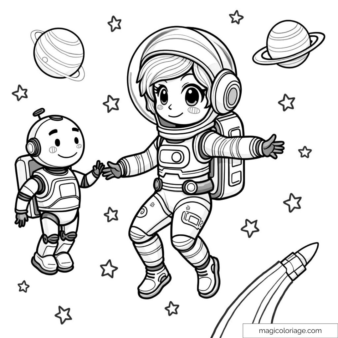 Coloriage astronautes dans l'espace