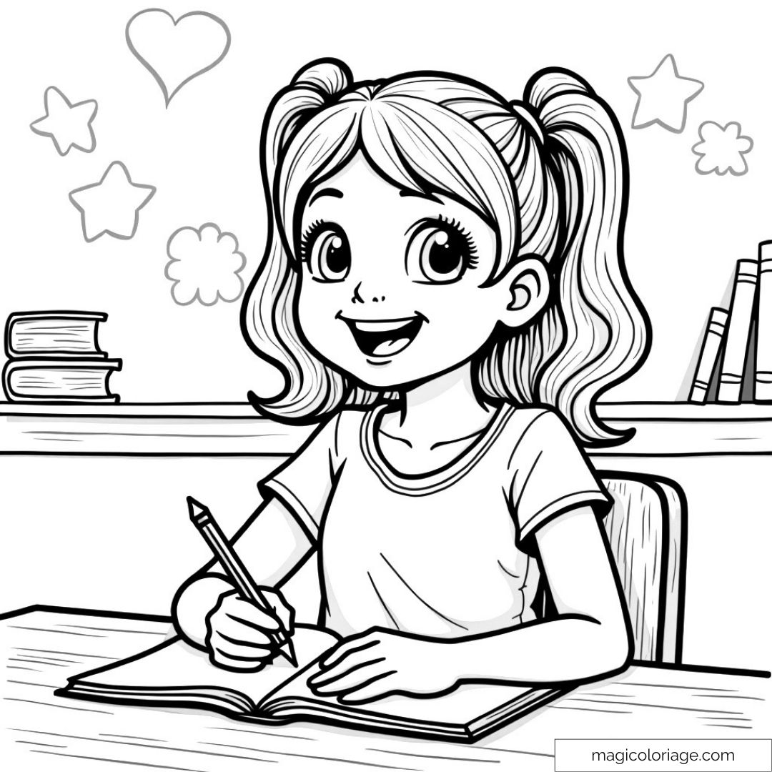 Jeune fille souriante écrivant dans un cahier à son bureau avec des crayons.