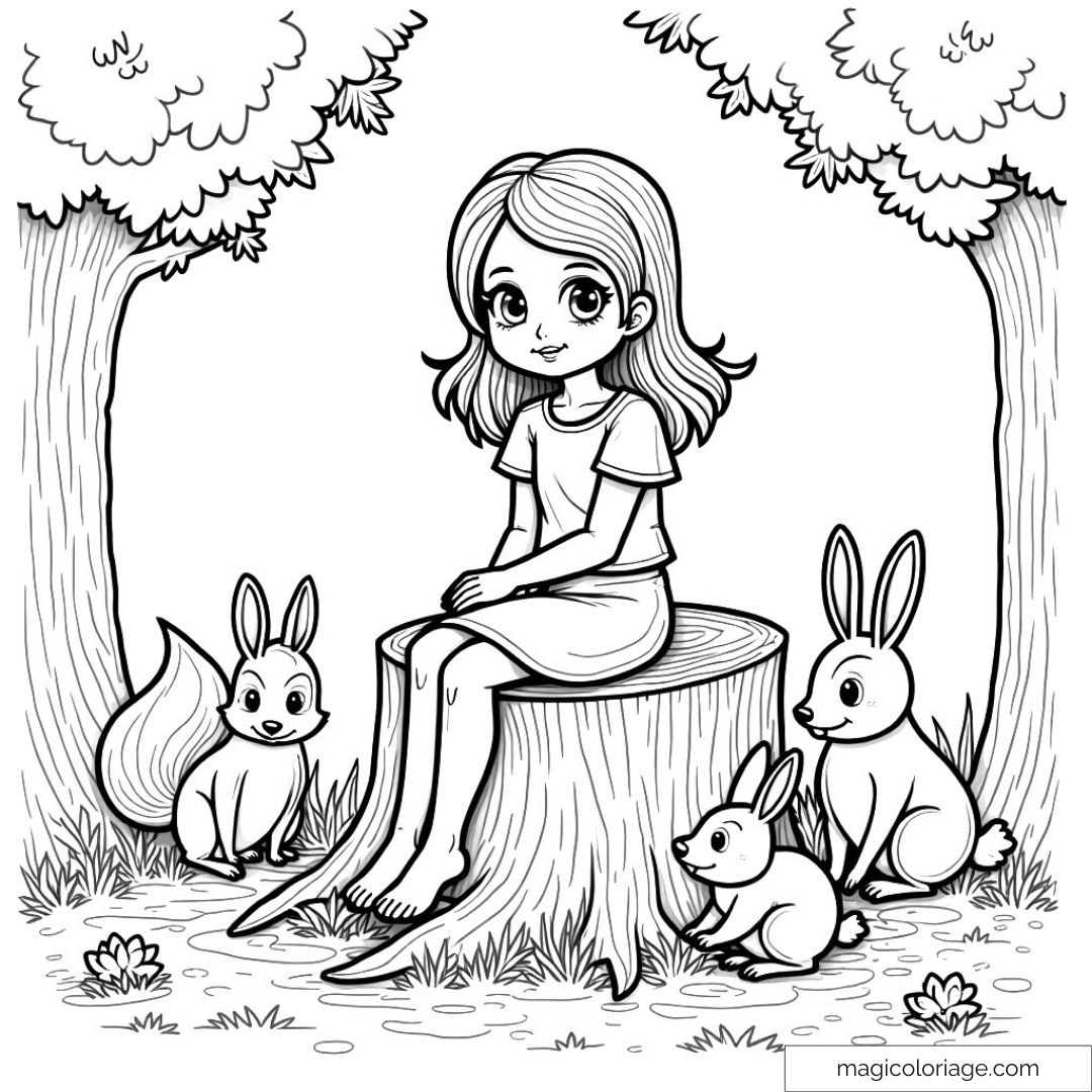 Fille assise sur une souche entourée d'animaux de forêt