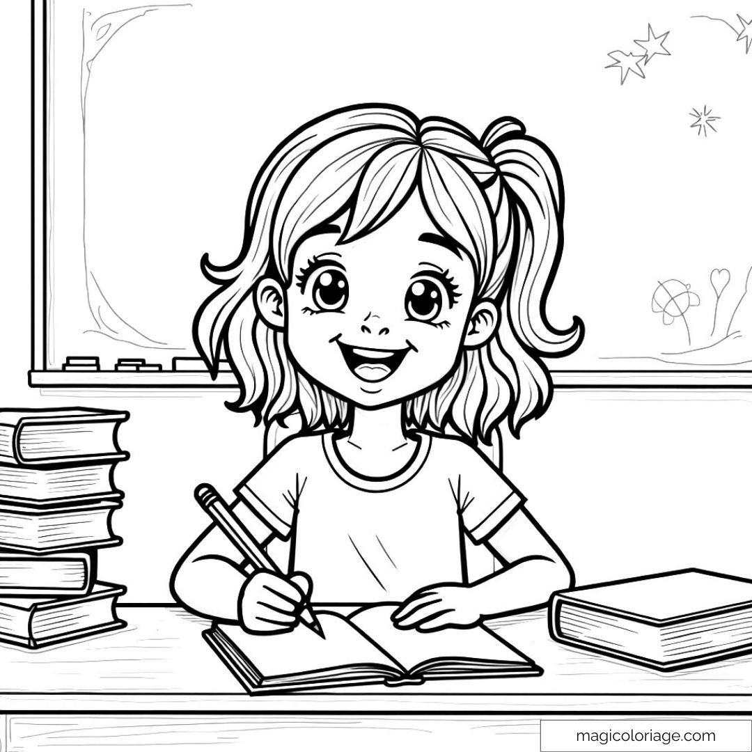 Enfant souriant écrivant dans un cahier avec des livres autour.