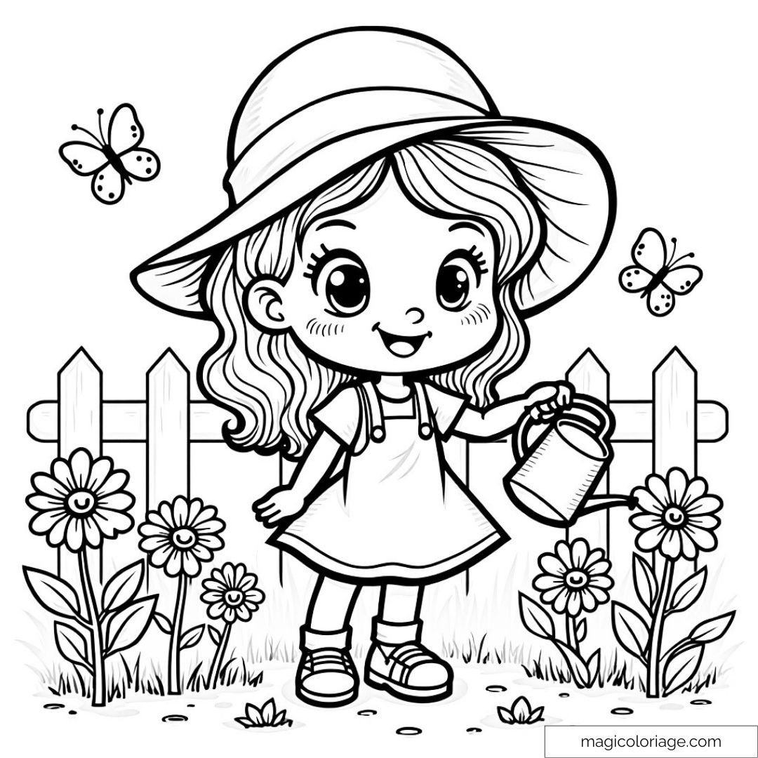 Dessin d'une fille arrosant des fleurs dans un jardin avec des papillons
