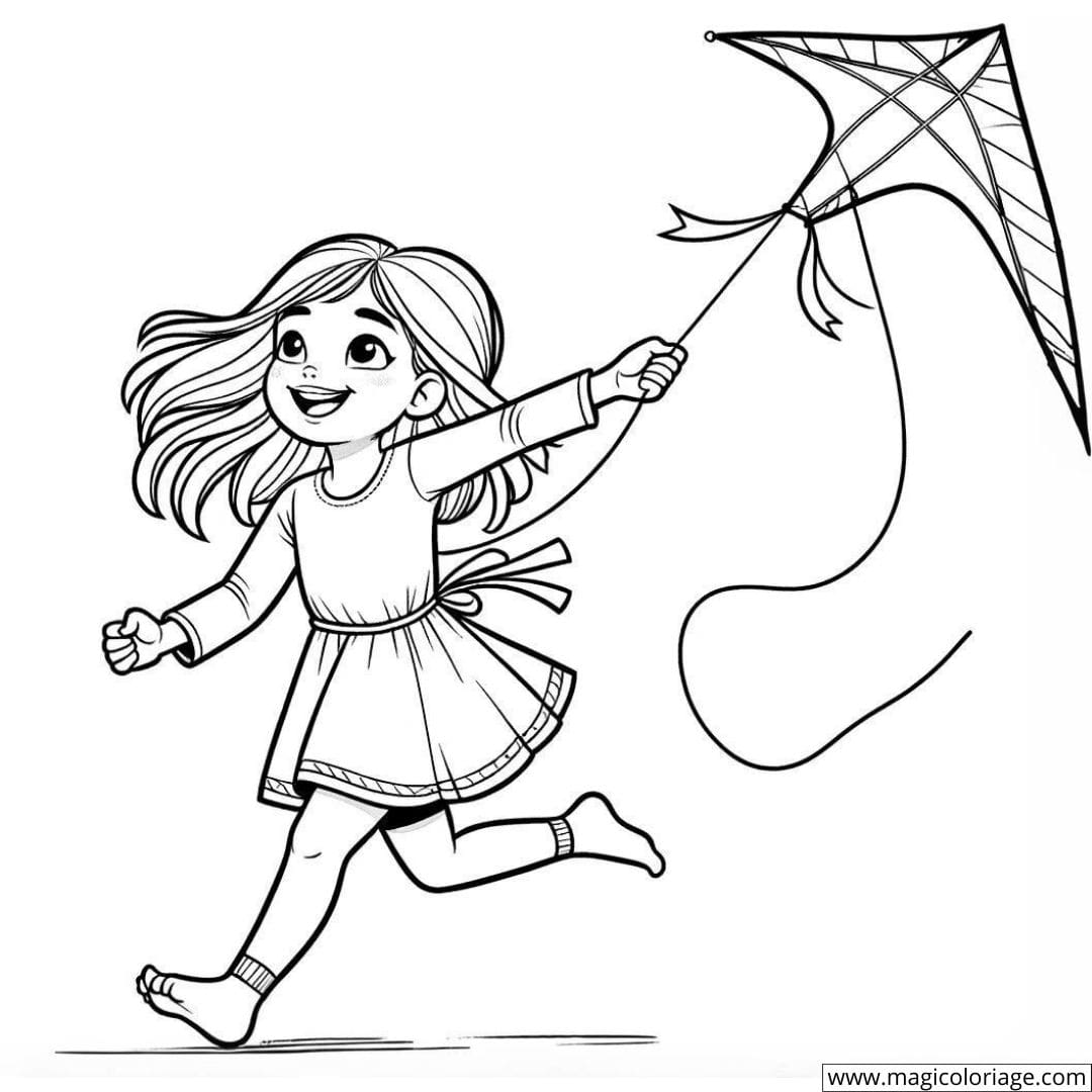 Fille jouant avec un cerf-volant à colorier