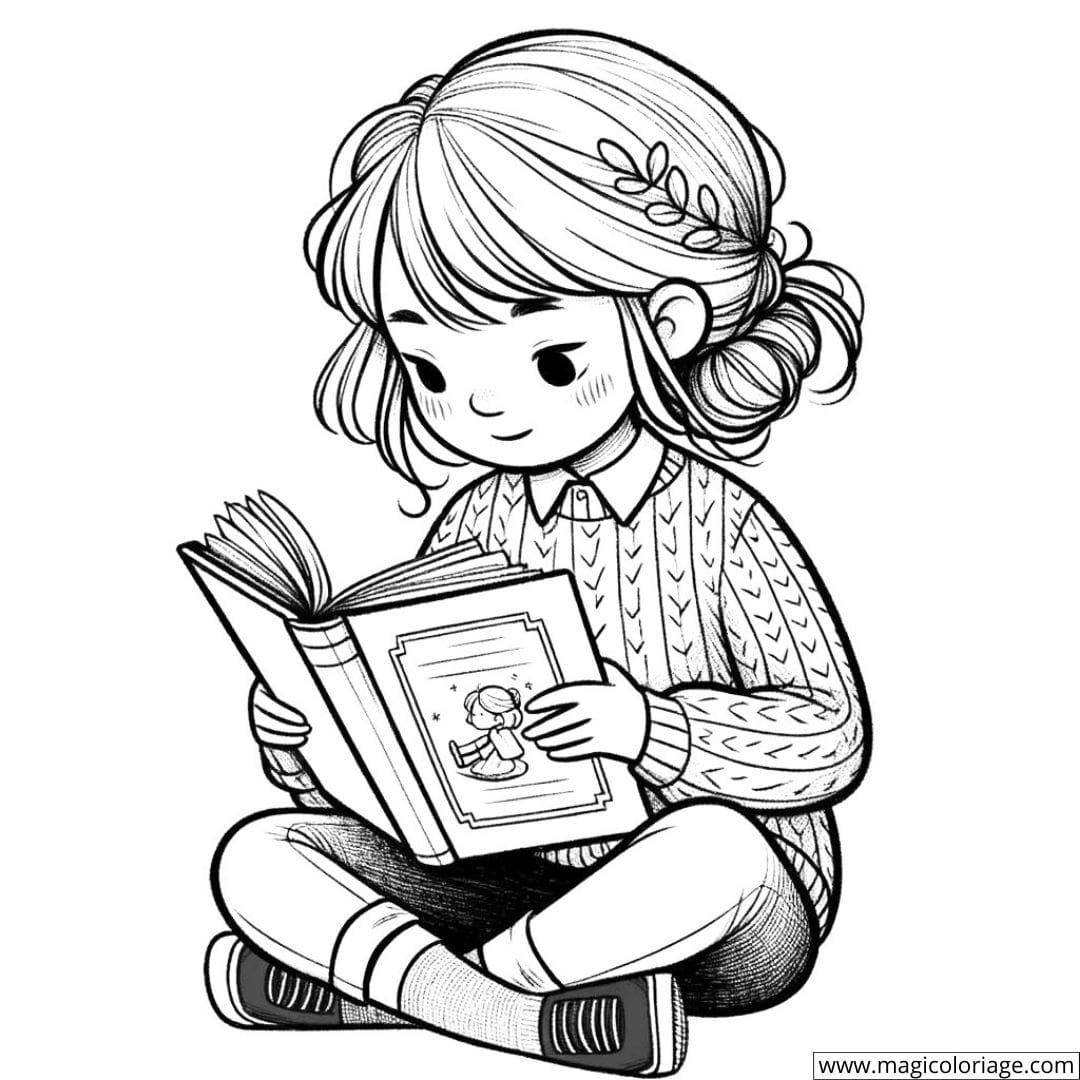 Fille avec un livre de contes à colorier