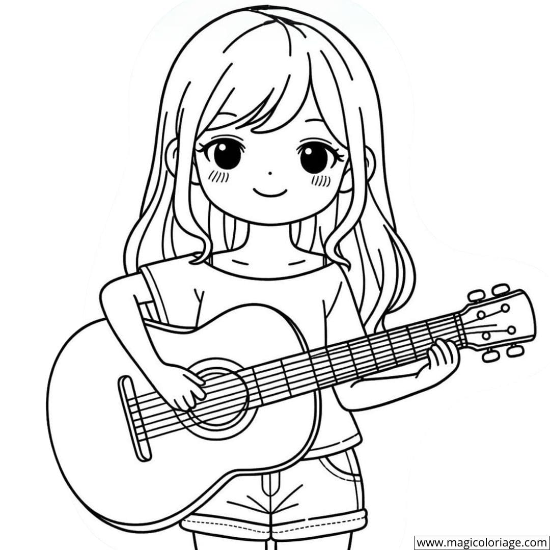 Fille avec une guitare prête à colorier