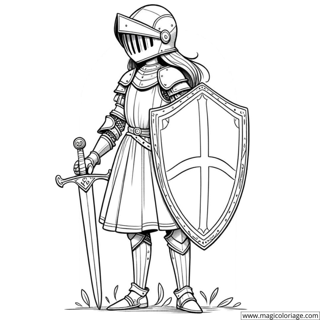 Fille chevalier avec un bouclier à colorier