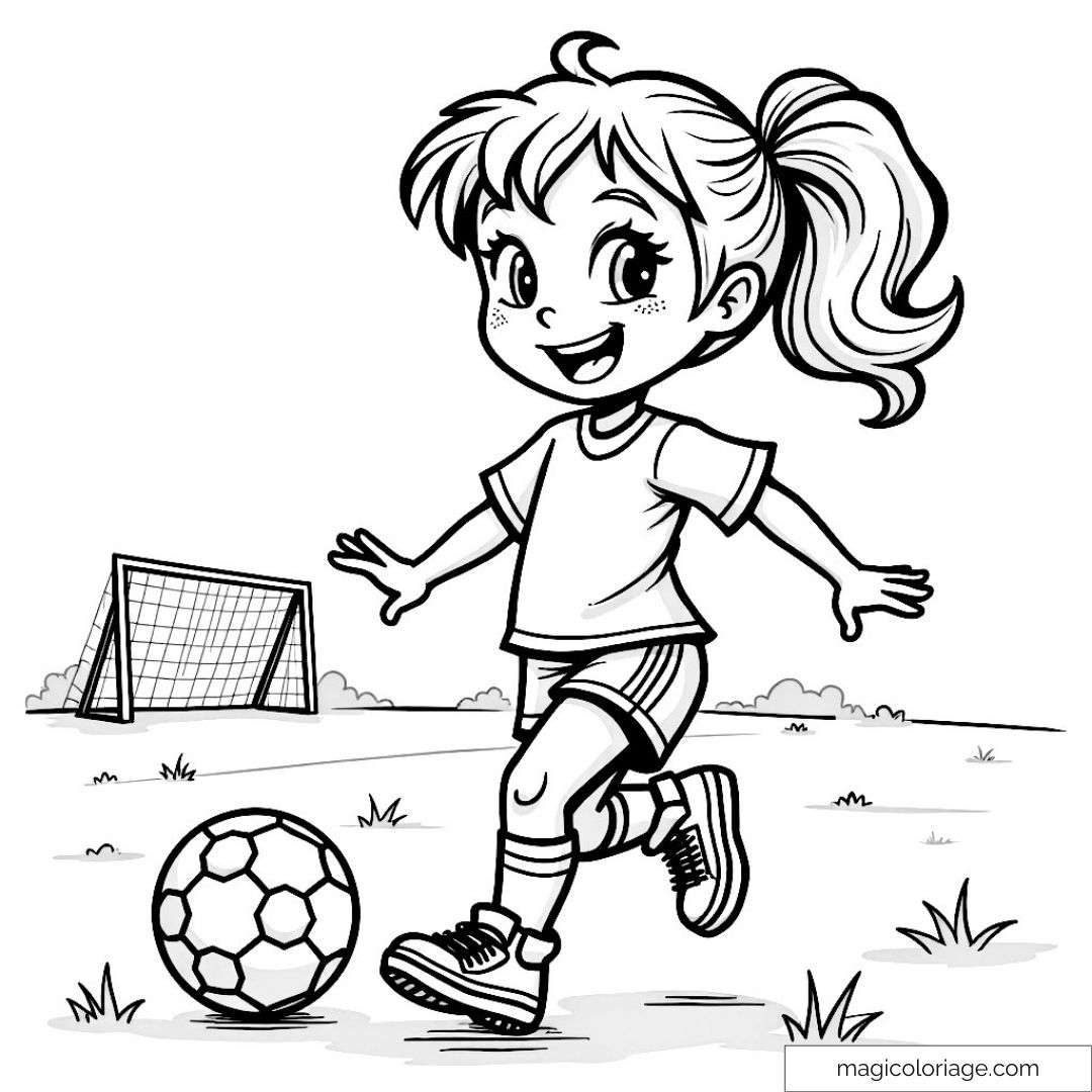Dessin d'une fille jouant au football devant un but.