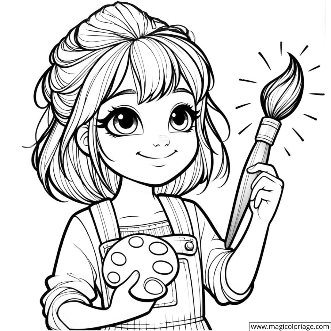 Fille peintre avec un pinceau à colorier