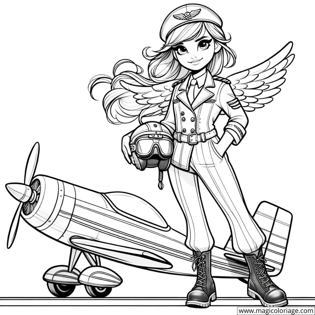 Fille pilote avec un petit avion à colorier